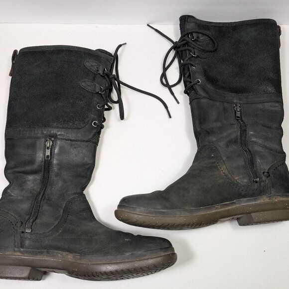 Ugg Elsa Tall Black Waterproof Leather Sherpa Lined Women Boots Size 8 Zippered - Picture 1 of 16